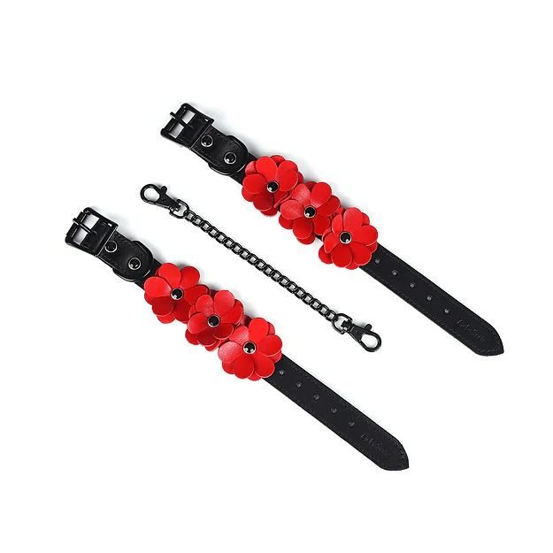 Black and Red Leather Flowers Hand Cuffs - Image 2