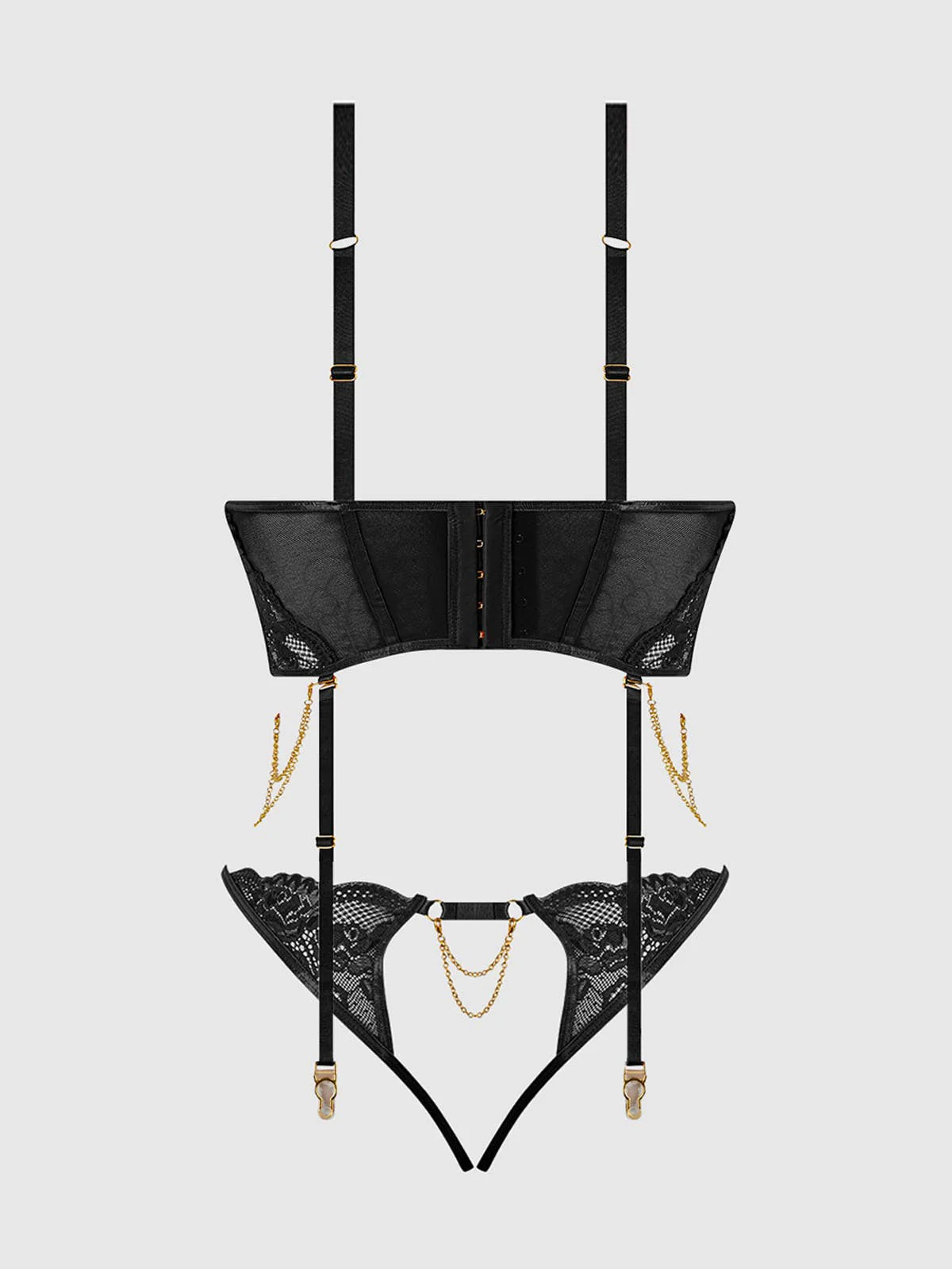 Cecily Lace & Chain Bustier & Hipster Set in Black - Image 10
