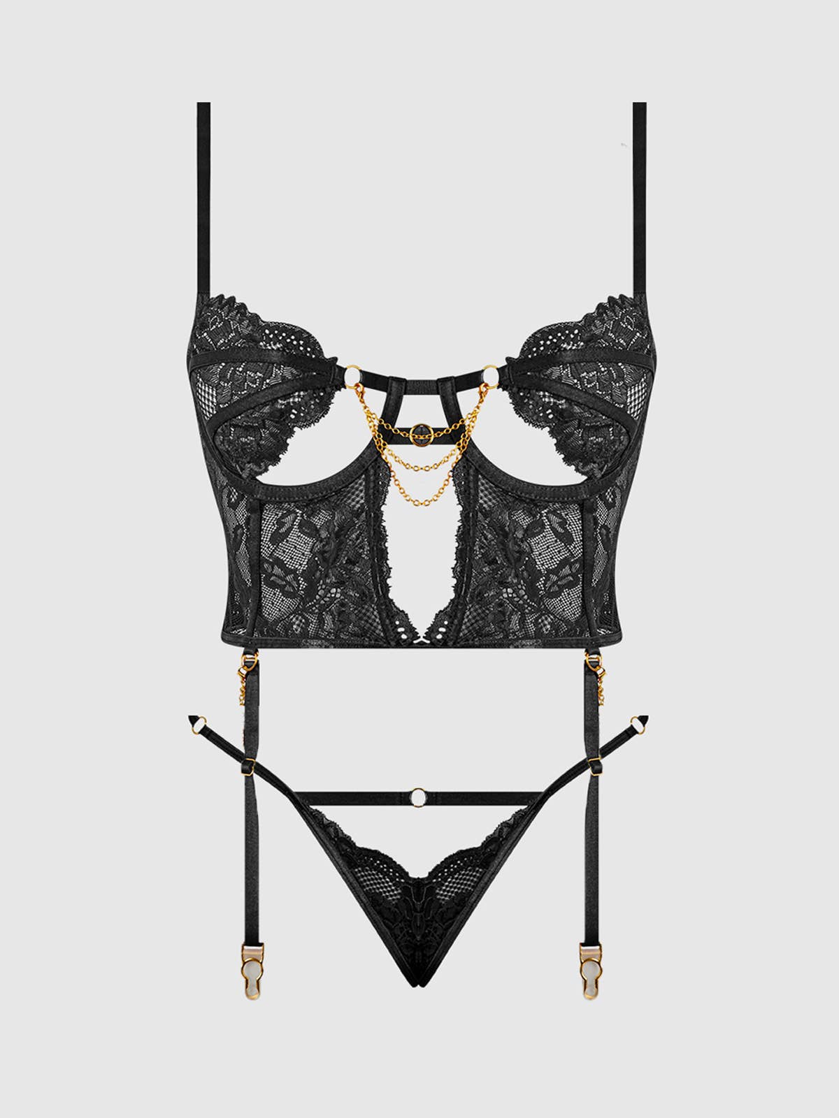 Cecily Lace & Chain Bustier & Hipster Set in Black - Image 9