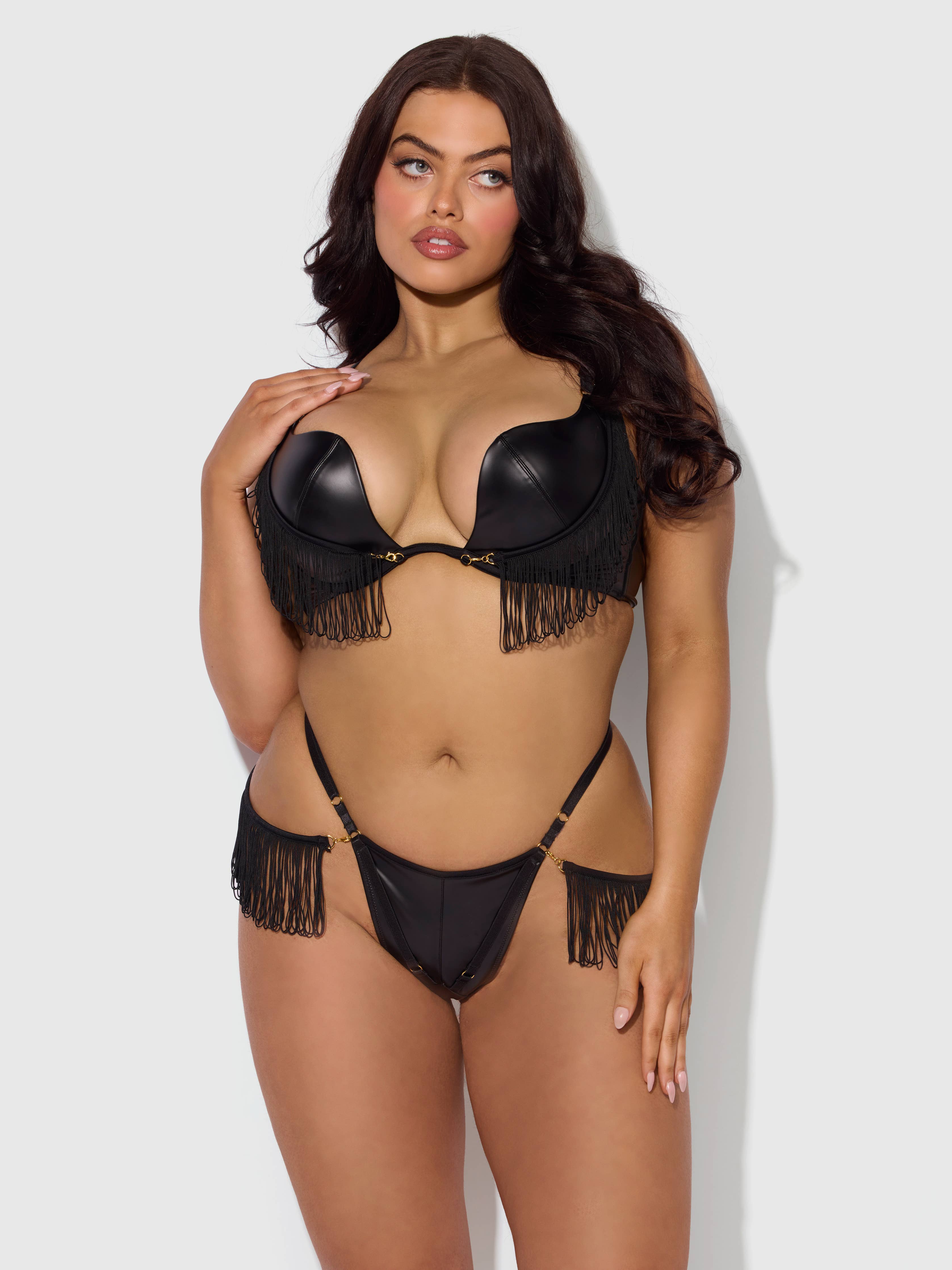 Phoenix Faux Leather & Fringe Push Up Bra & Thong Set - Image 5