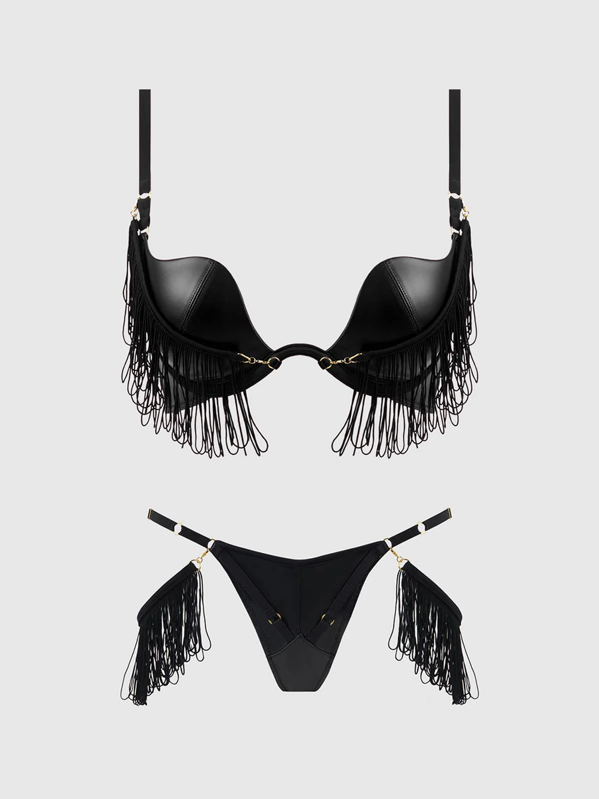Phoenix Faux Leather & Fringe Push Up Bra & Thong Set - Image 9