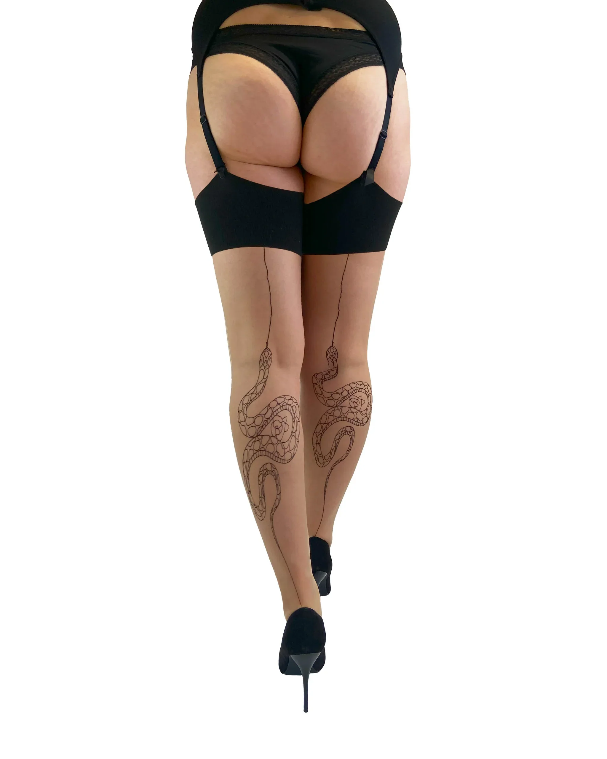 Premium Snake Back Seam Stockings in Nude/Black