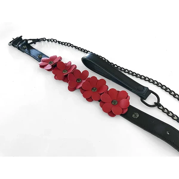 Red Leather Floral Collar with Leash