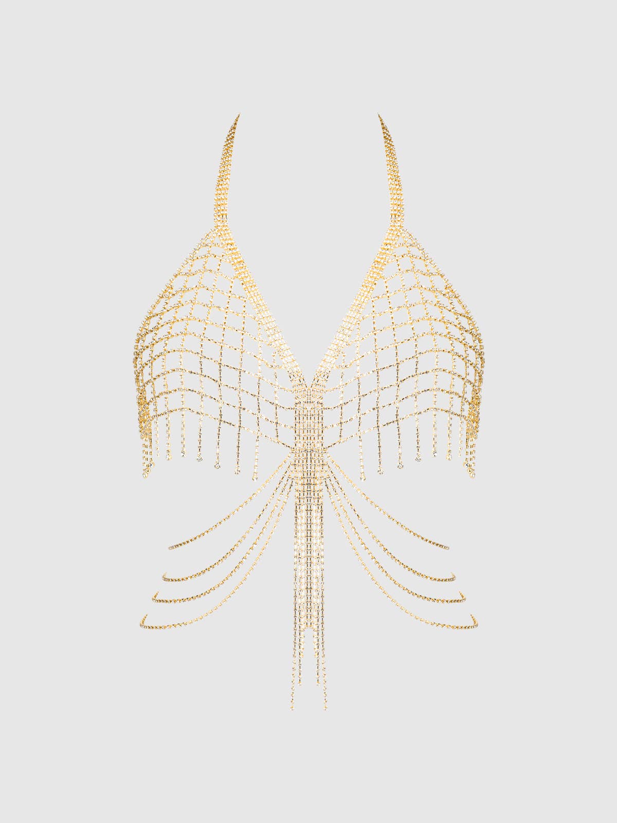 Rhinestone Net & Fringe Halter Bralette in Gold - Image 4