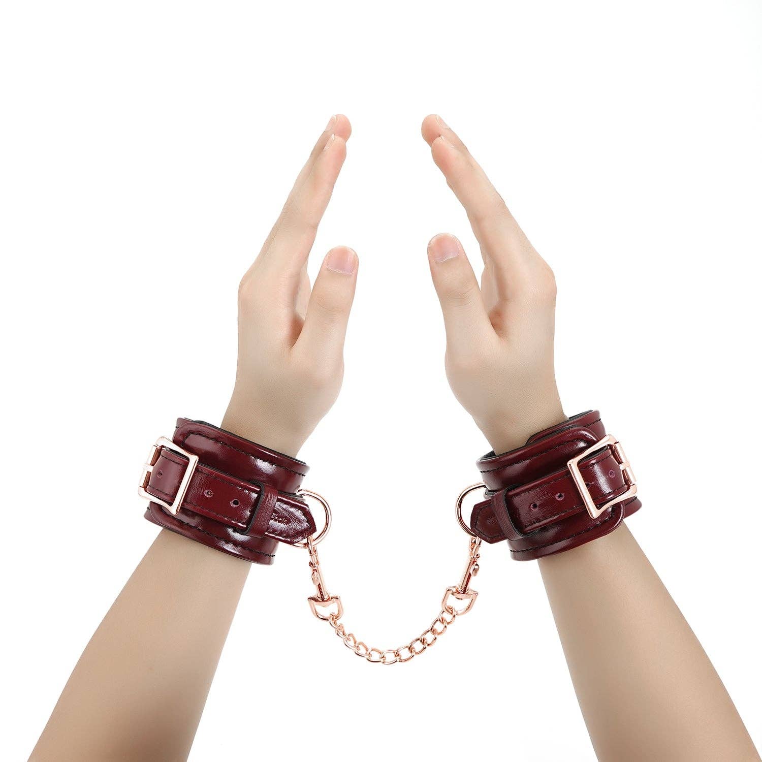 Wine Red Leather Handcuffs with Rose Gold Hardware - Image 3